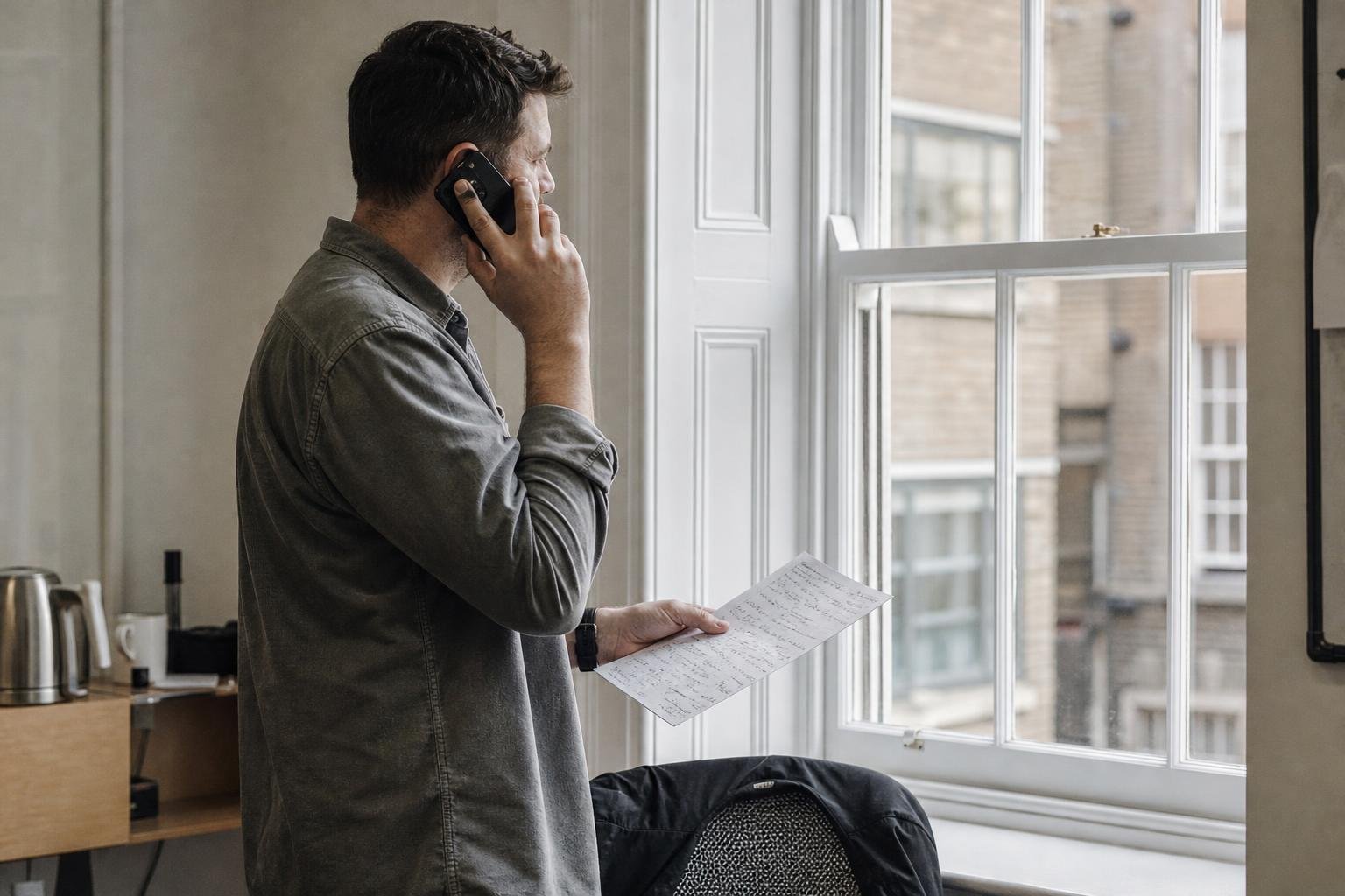 A SaaS founder on a call by a sash window with handwritten notes, putting questions to a Meta ads agency for SaaS