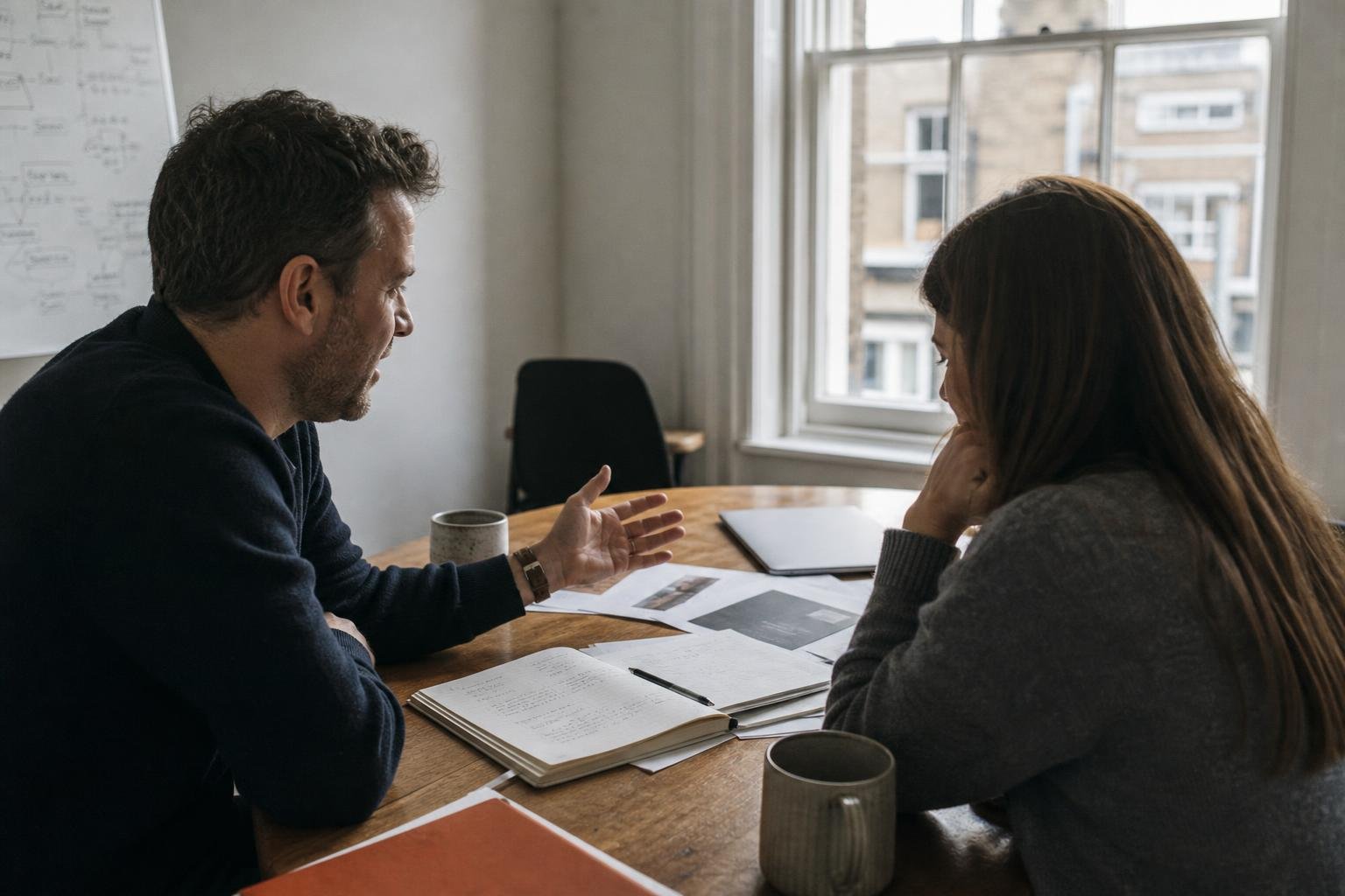 Two colleagues at a UK software company weigh up Meta ads agencies for SaaS over printed notes by a sash window