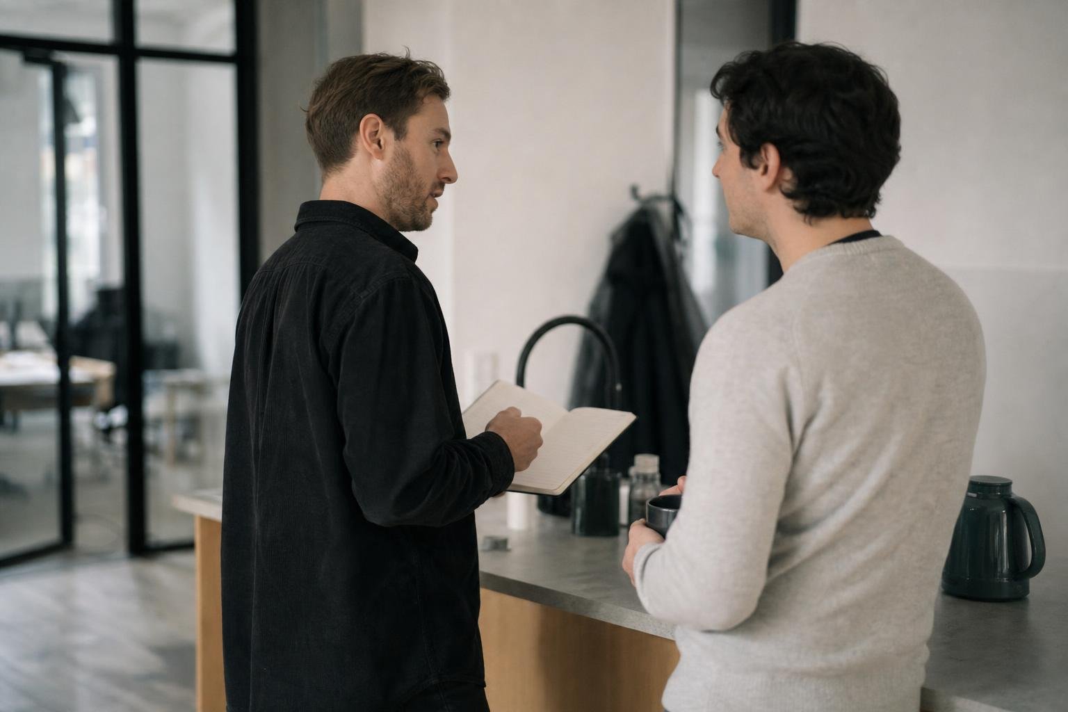 Two colleagues at an office kitchen counter, one taking notes, agreeing the PPC agency handover list