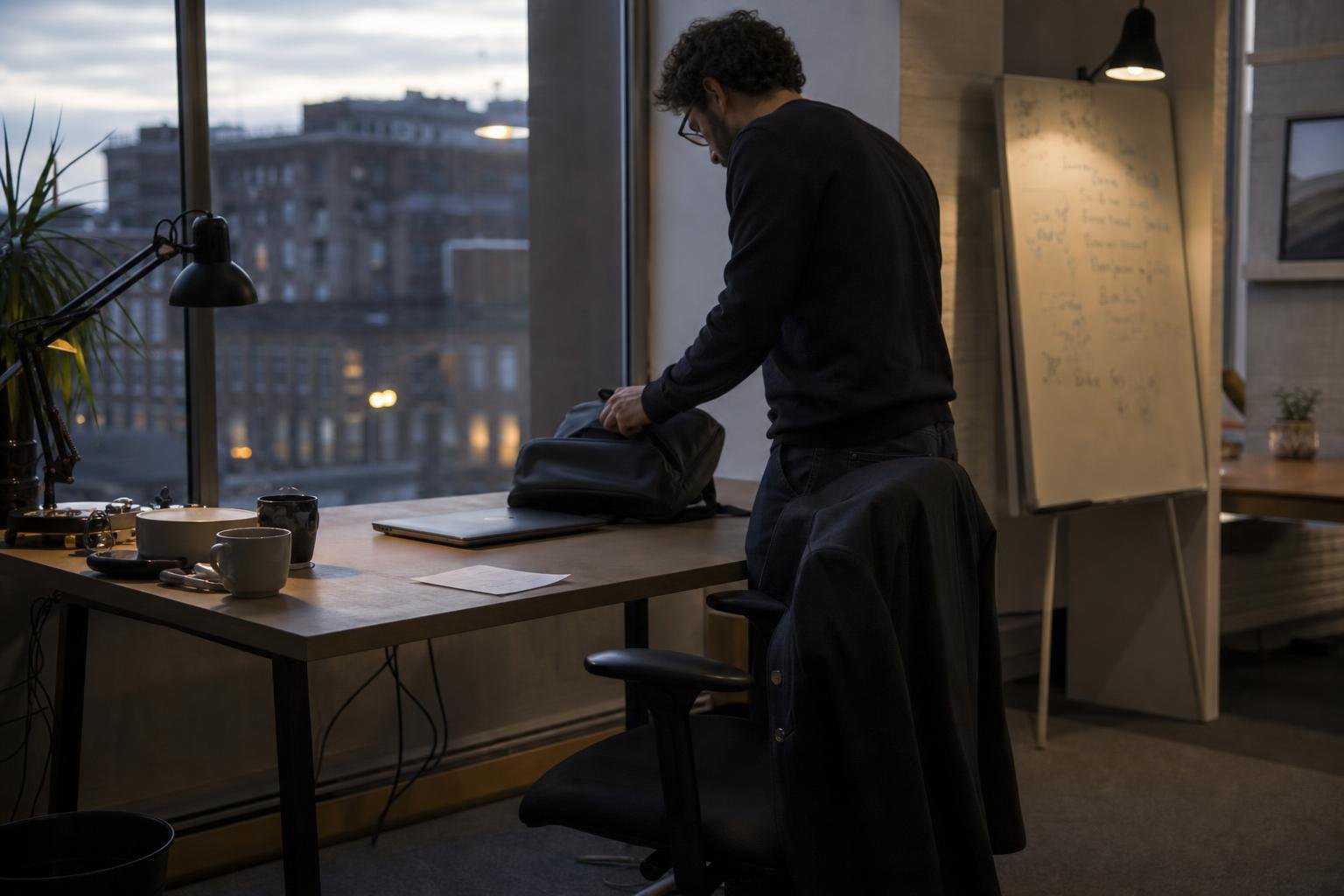 A person packing up at the end of the day in a small British office, the evening a PPC agency notice period starts