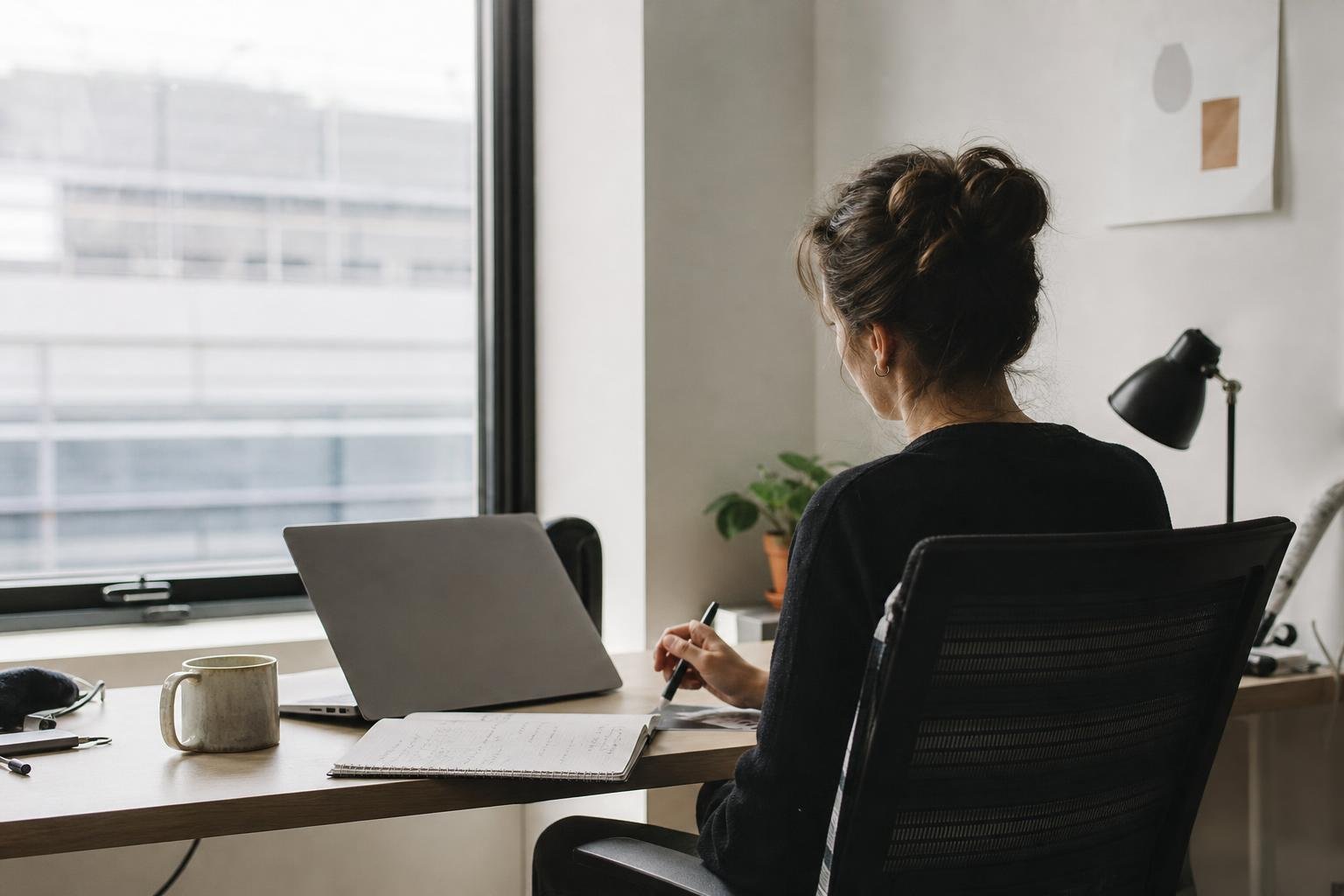 A growth lead working alone at a window desk in the morning, reviewing a Google Ads account after a PPC agency switch