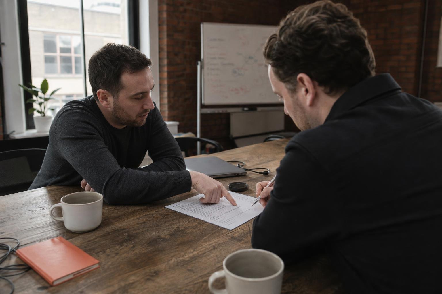 Two colleagues at a wooden table in a brick warehouse office checking a printed list against their SaaS PPC agency's work