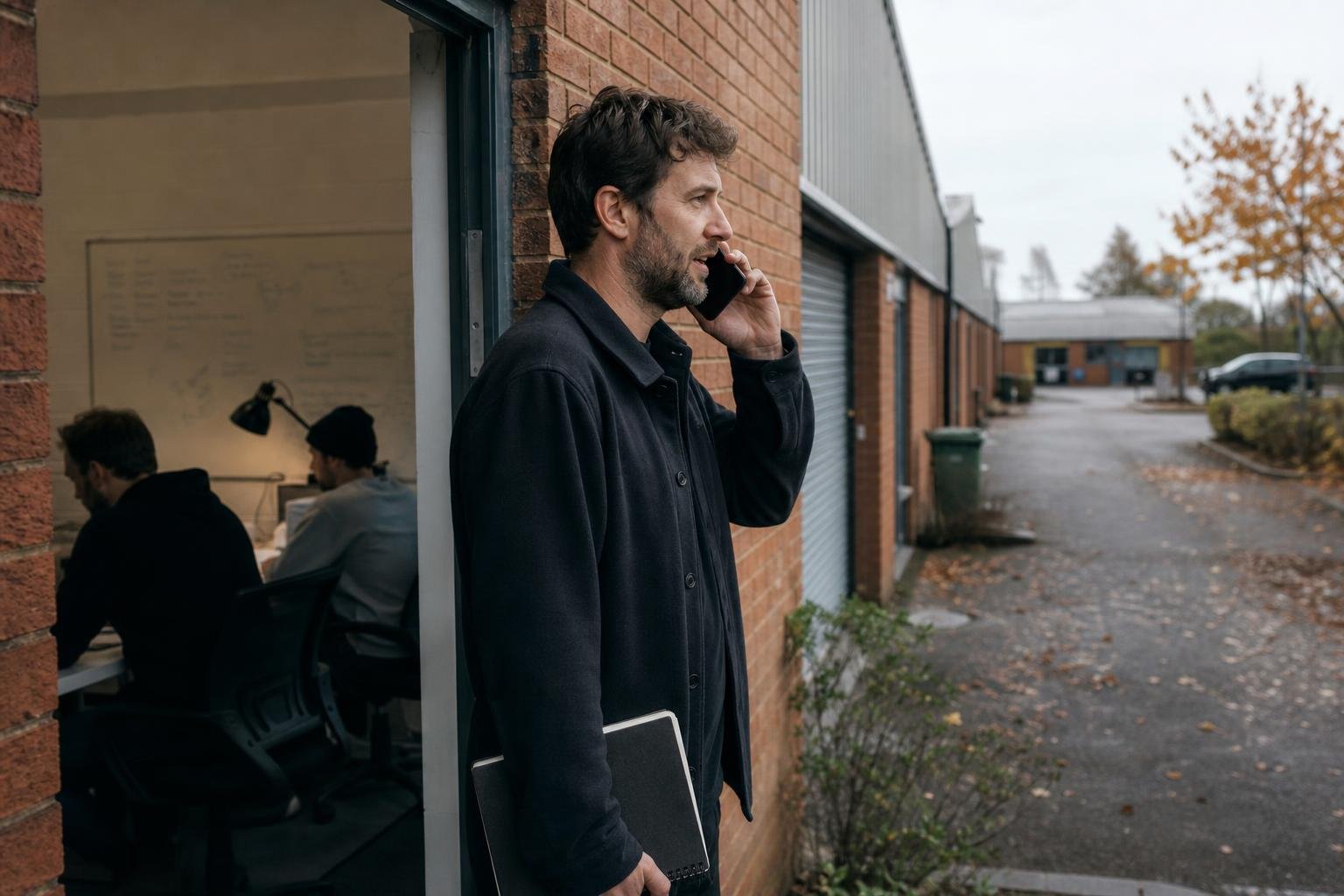 Founder on a phone call in the doorway of a small brick office unit on a UK industrial estate, deciding about his PPC agency