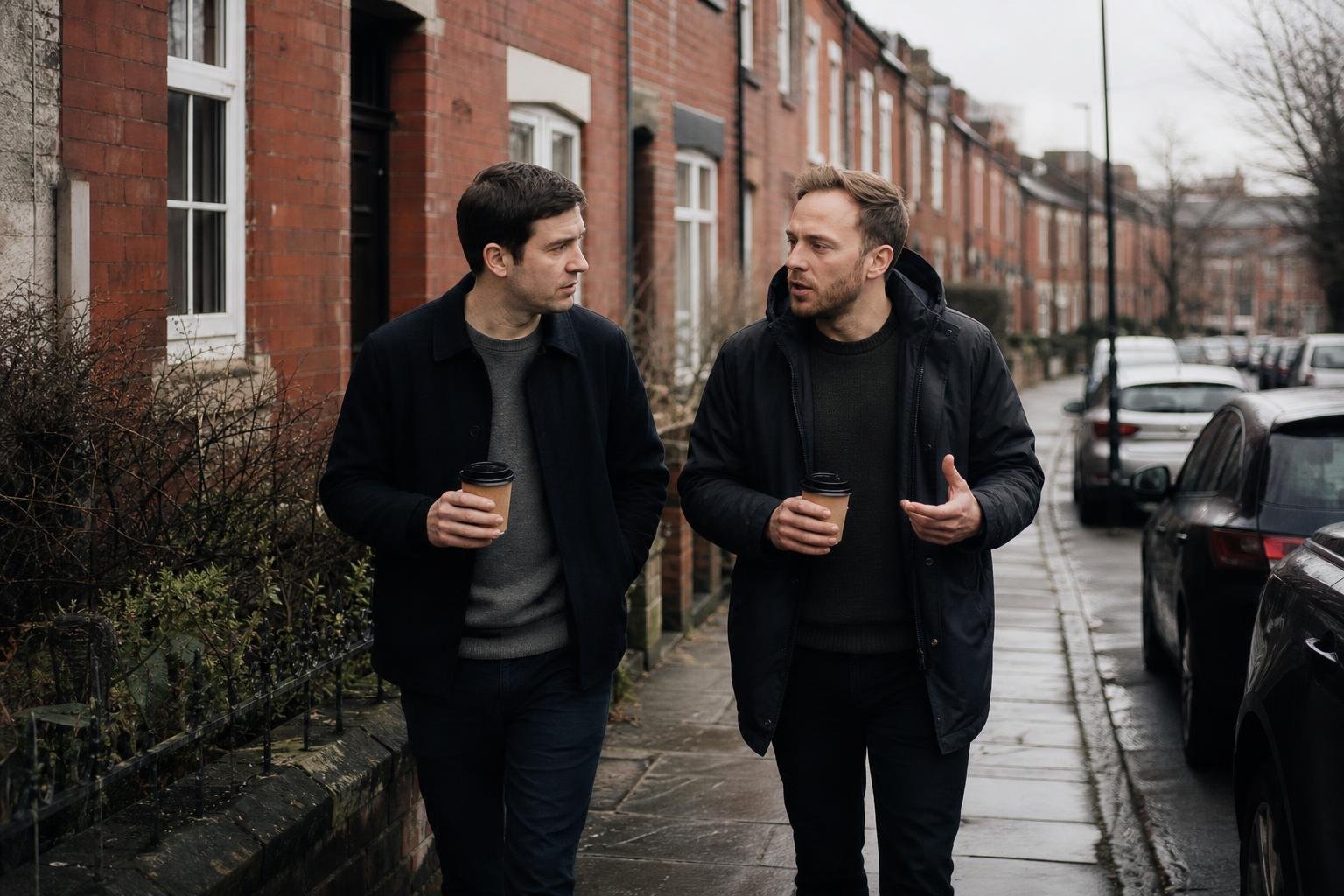 Two co-founders with takeaway coffees walking down a red-brick terraced street, talking over a PPC agency budget request