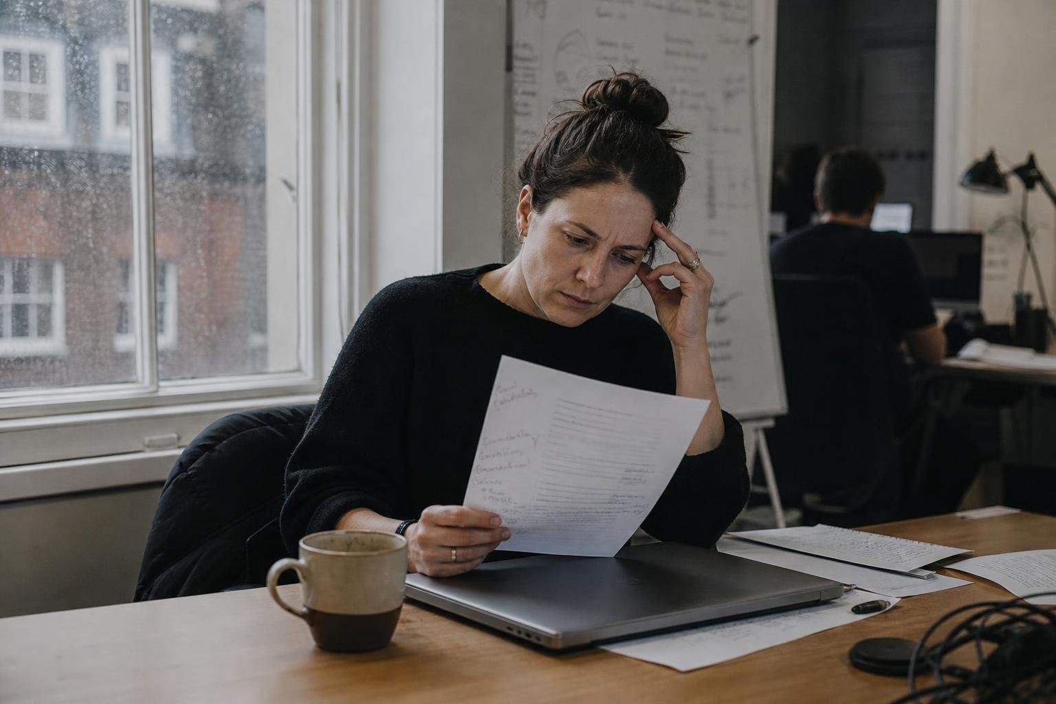 Founder by a rainy sash window in a London office, reading printed notes on whether her SaaS PPC agency is working