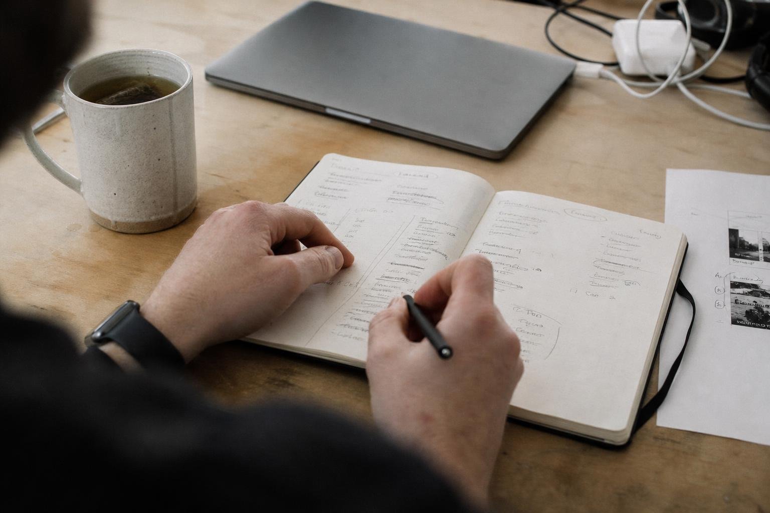 Pencilled keyword notes in a notebook beside a mug of tea while shortlisting Google Ads tools