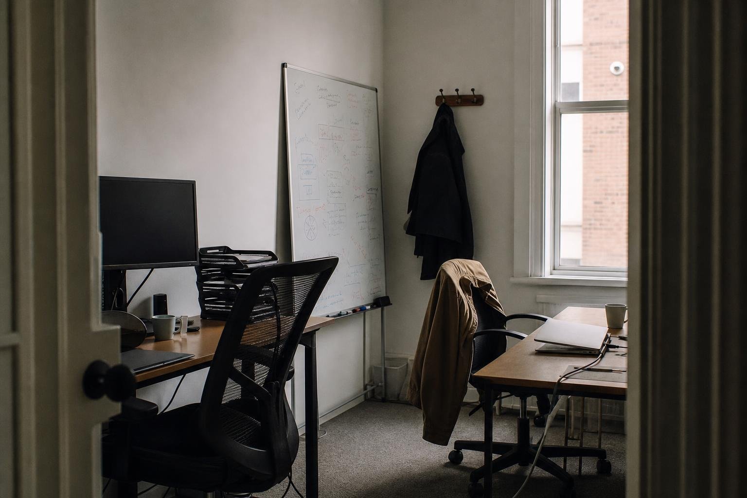 An empty small office with a whiteboard and a switched-off monitor at the end of a working day