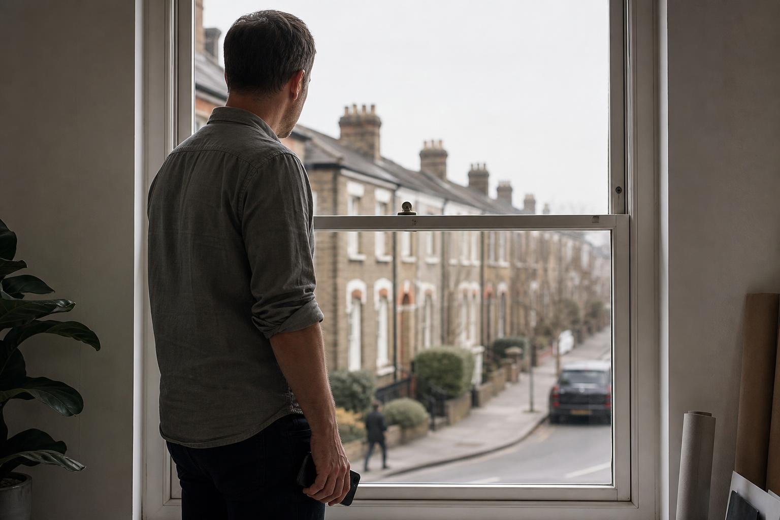 A SaaS founder at a window over British terraces, weighing up who should run the Google Ads account