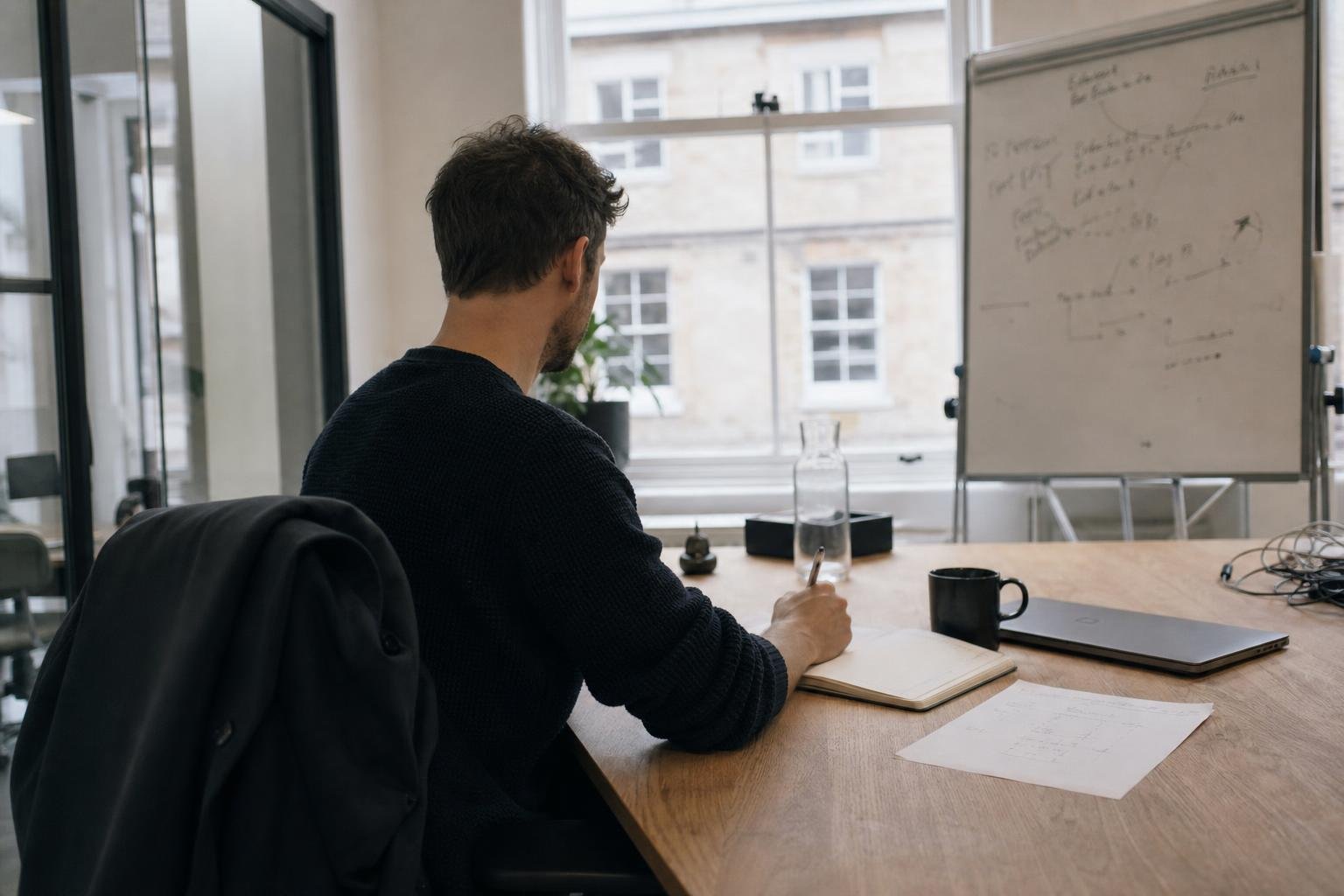 A growth lead alone at a desk with a notebook and a shut laptop, starting the weekly Google Ads review