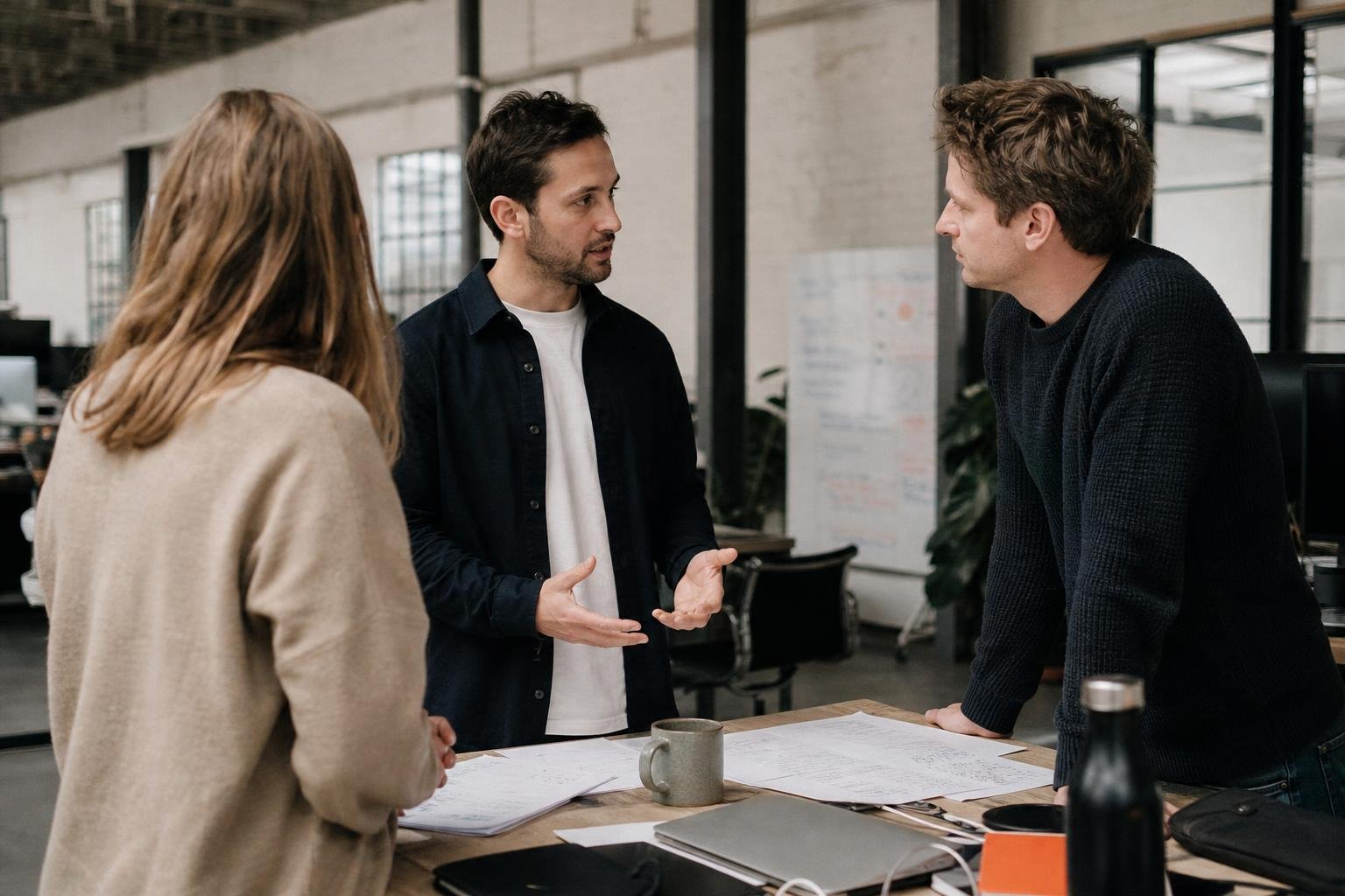 Three colleagues standing round a desk in a warehouse office, working out where next month's ad budget goes