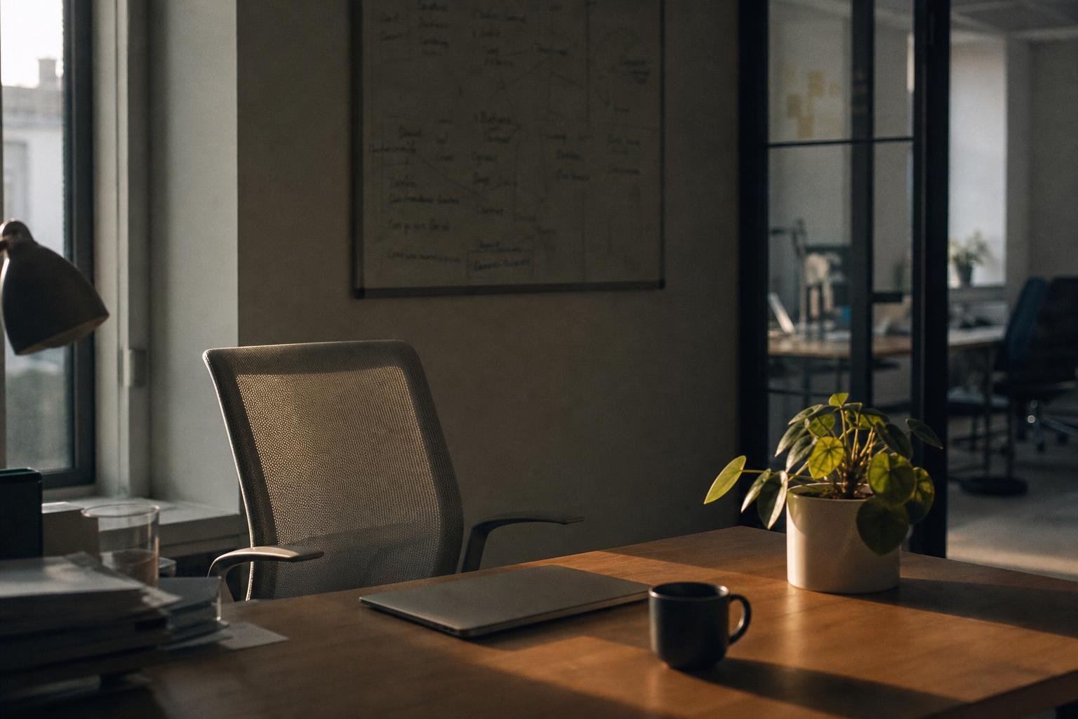 An empty chair pushed back from a tidy desk at the end of the day, with a shut laptop and a cold mug