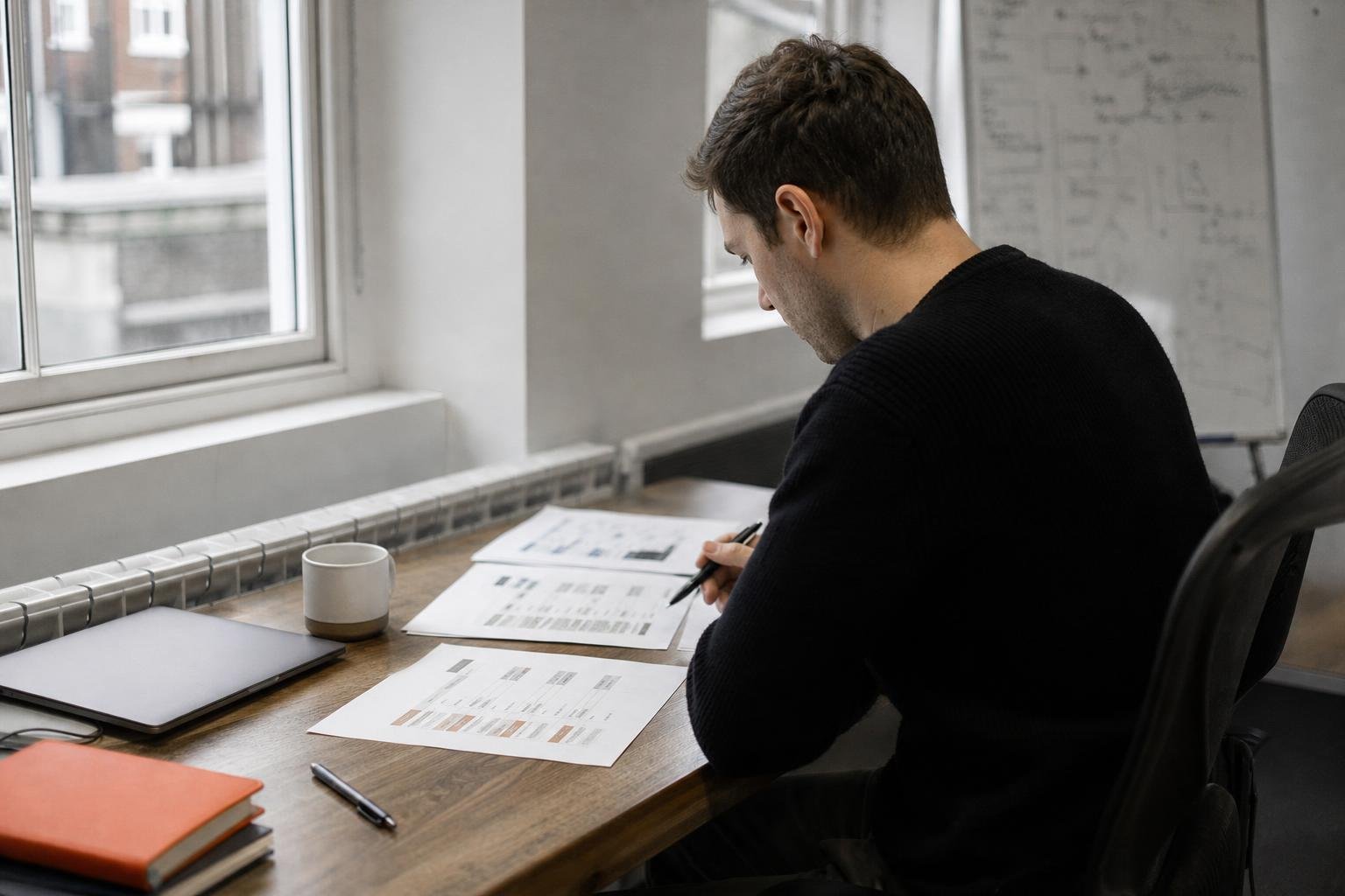 A SaaS founder at a desk by a window comparing printed pricing sheets to work out what Google Ads tools cost