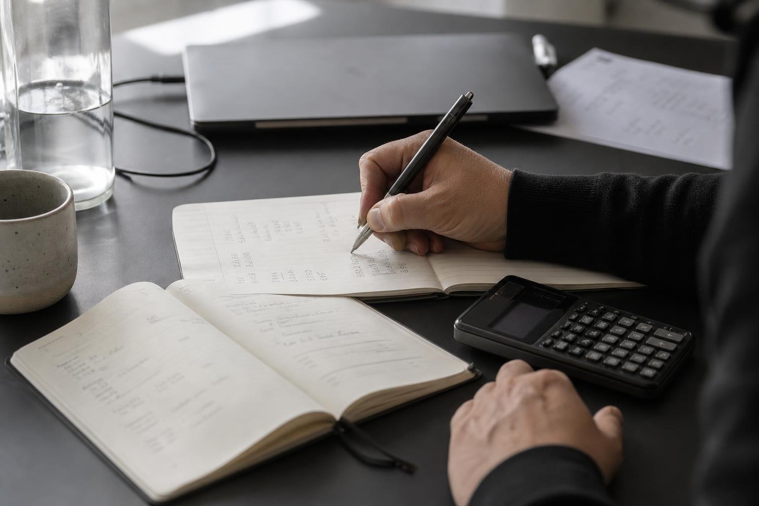 A hand writing figures in a notebook beside a calculator while working out what Google Ads software costs