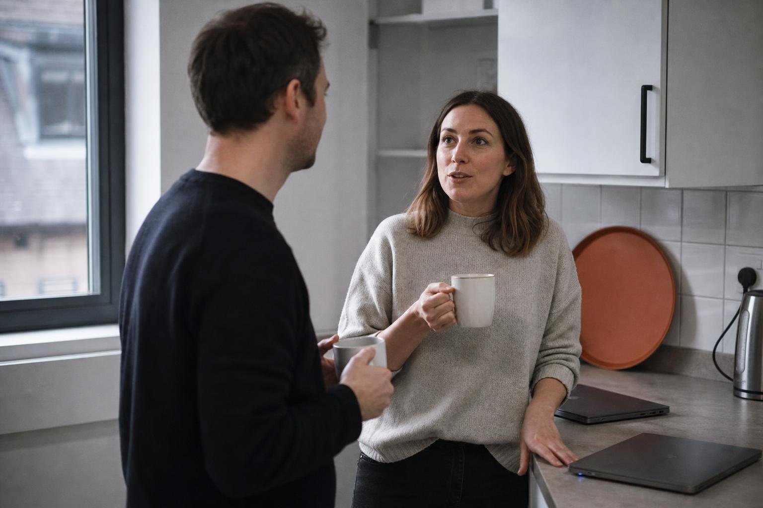 Two colleagues in a small office kitchen talking over mugs of tea about what their ads tools cost
