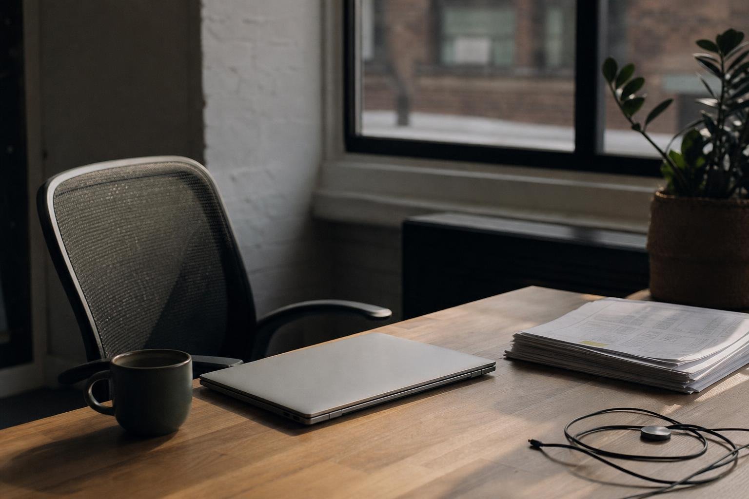 An empty chair, a closed laptop and a stack of printed pricing sheets on a desk at the end of the day