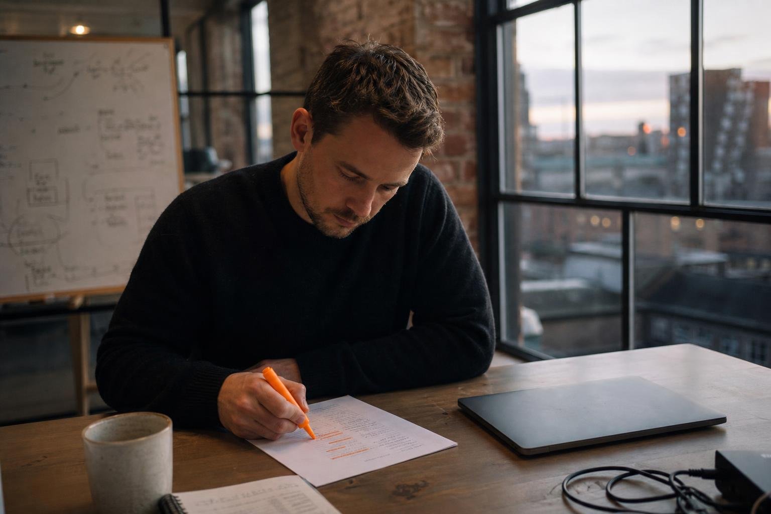 A SaaS founder highlights a printed list at his desk in a warehouse office, checking who works in his Google Ads account