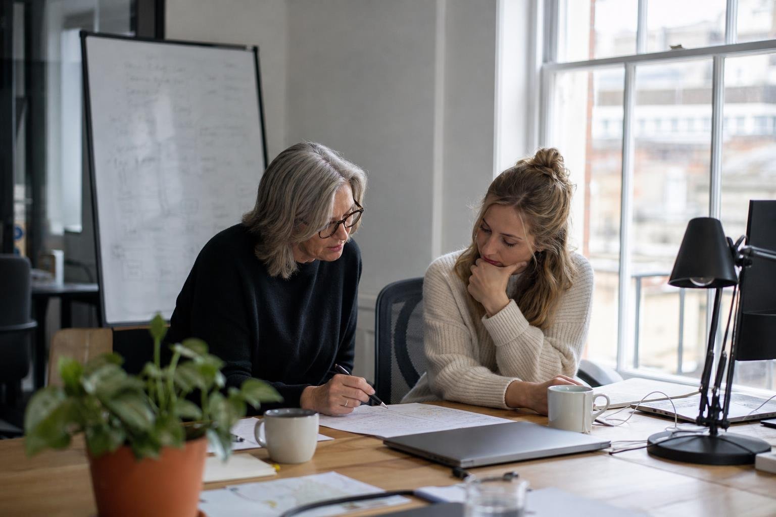 An experienced marketer and a junior colleague go through printed notes on who runs a SaaS ads account, by a sash window